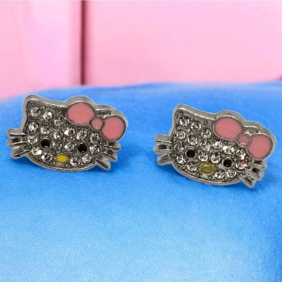 Hello Kitty Earrings Rhinestone Enamel Pink Bow Pierced Ears Cat Studs Jewelry - Picture 2 of 8